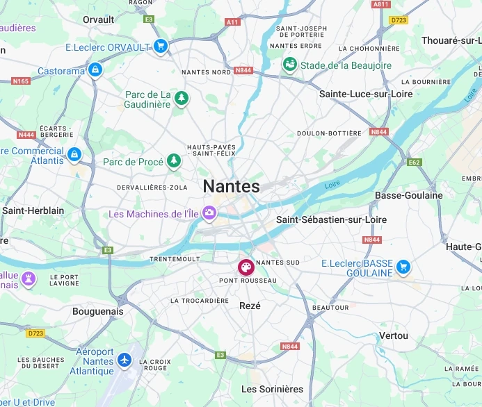 Carte de Nantes pour arriver sur Rezé pour trouver l'atelier cours de dessin et de peinture avec Géraldine Cornière proche de Nantes, Rennes, la Roche sur Yon